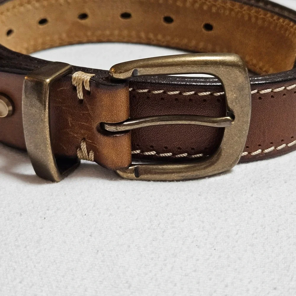 Men's Brown Genuine Leather Belt 46 XXL Contrast Stitch Antique Brass Buckle